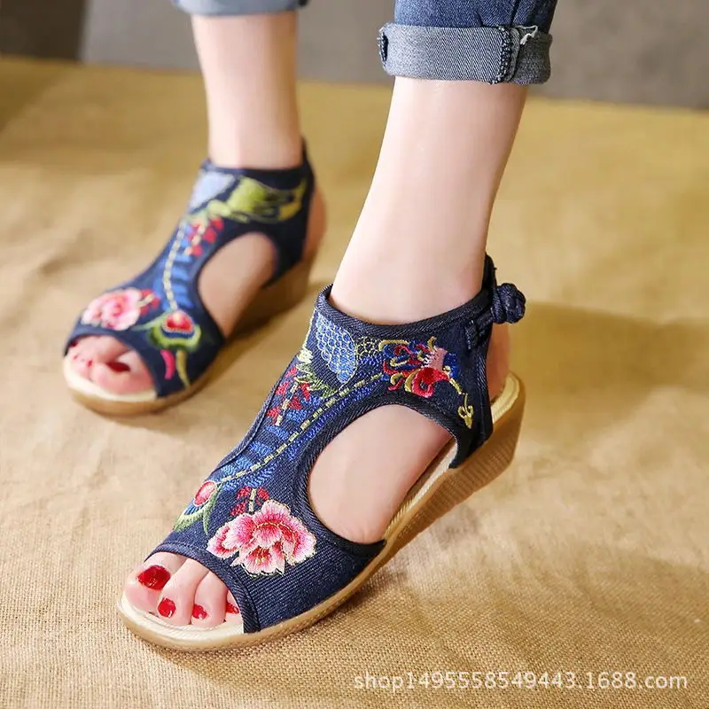 

SC5729 linen wedge shoes high to help fish mouth shoes national wind embroidered sandals