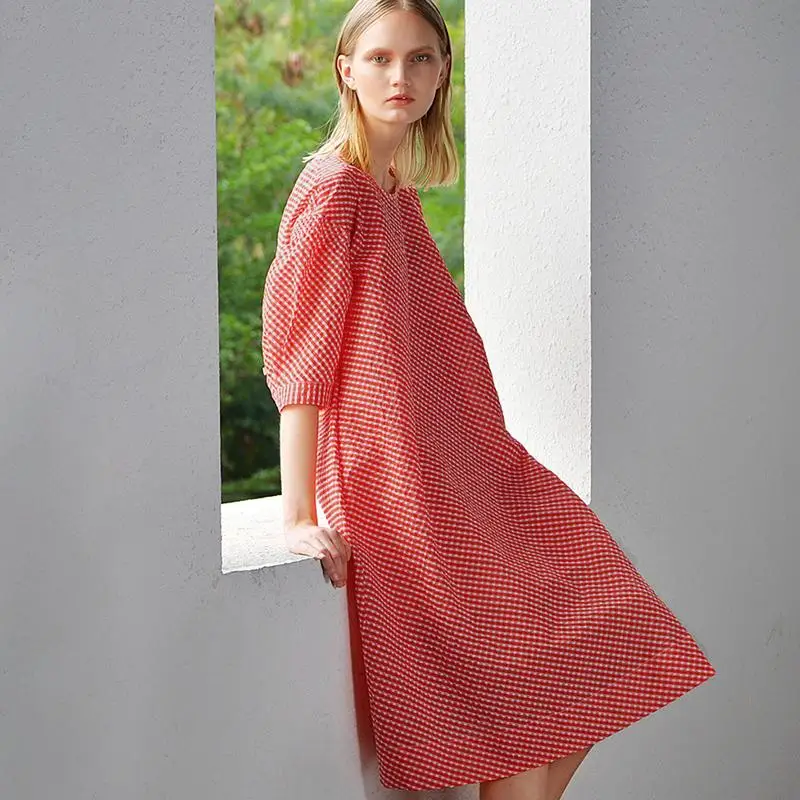 Buykud 2019 Summer Dress Solid Color O-Neck Three Quarter Midi Dresses Casual Plaid Plus Size Female Vestidos (4)