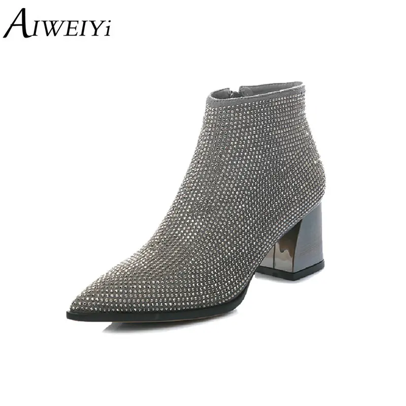 

AIWEIYi Women Genuine Leather Ankle Boots Metal Heel Boots Brand Women Shoes High Quality Pointed toe Rhinestone Ankle Boots