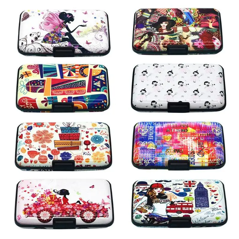 

2018 Fashion Women Metal Color Print Protect Card Holder Box Credit Card Wallet Student Cute ID Cards Wallet Holder