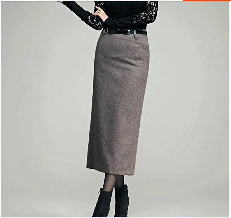 Woolen high waist ol slim long pencil skirt in Skirts