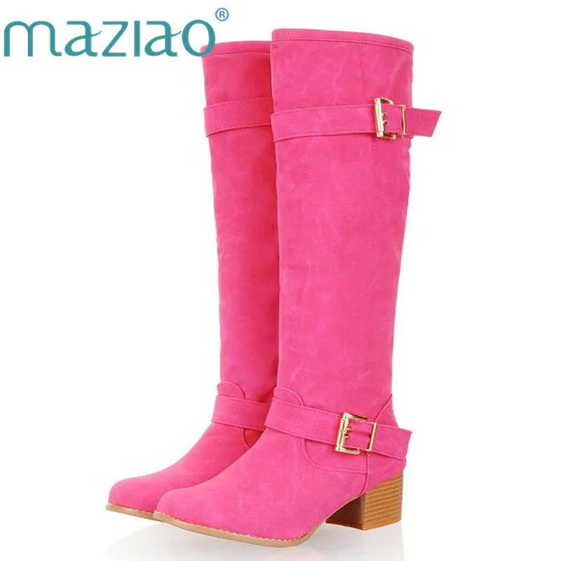 

MAZIAO Hot Sale Knee Boots Women Winter High Heel Long Boots Slim Sexy Buckles Nubuck Leather Shoes Women Large Size 34-43
