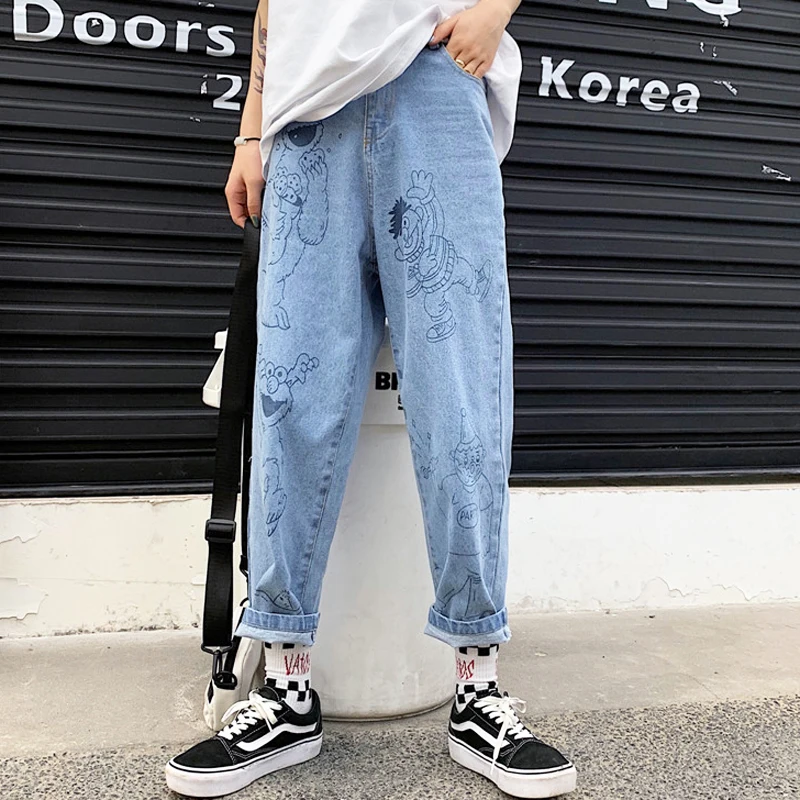 

New Summer Jeans Women 2019 Retro Fun Cartoon Print Jeans Loose High Waist Nine Pants Harajuku Cute Anime Jeans Female