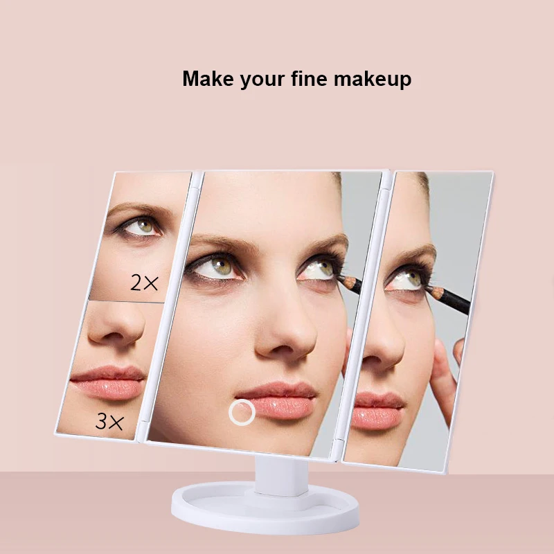 22 LEDs Folding Makeup Mirror Touch Screen 2X 3X Magnifying Vanity Mirror Table Desktop Makeup Cosmetic Tri-Folded Mirror Lights 3
