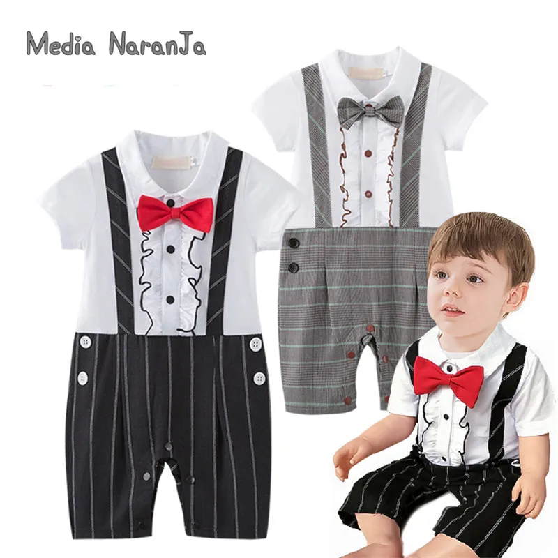 Baby boy birthday black khaki plaid short sleeve bow tie romper