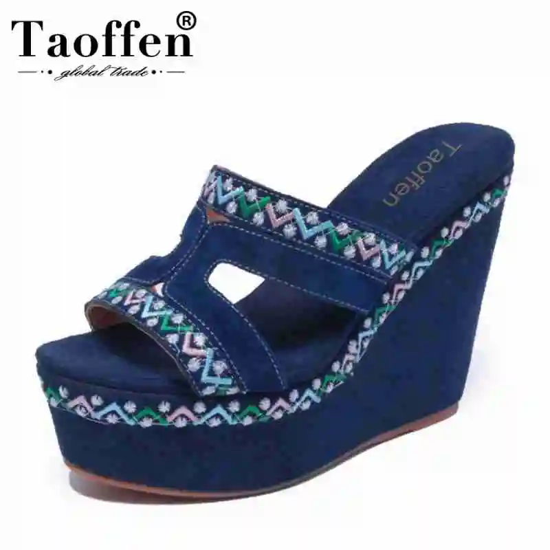 

TAOFFEN National Style Women High Wedges Sandals Embroidery Flower Platform Slippers Summer Vacation Beach Shoes Size 34-39