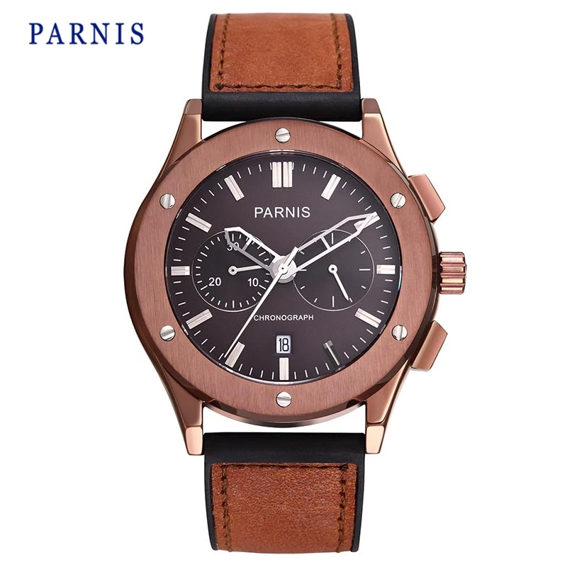 43mm Parnis Men s Watch Sapphire Crystal Coffee Dial with Silver Mark Chronograph Quartz Movement Wristwatch