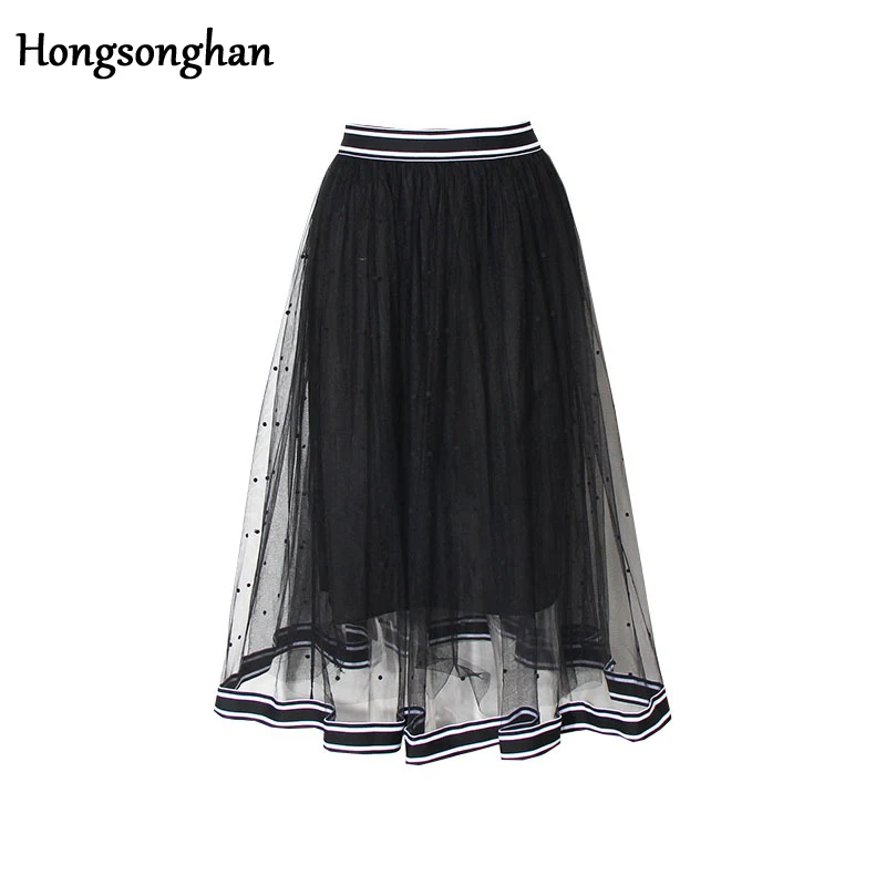 Hongsonghan New Wave point casual style Welt big a lotus leaf pendulum all match show thin bottom A-line gauze skirt | Женская одежда