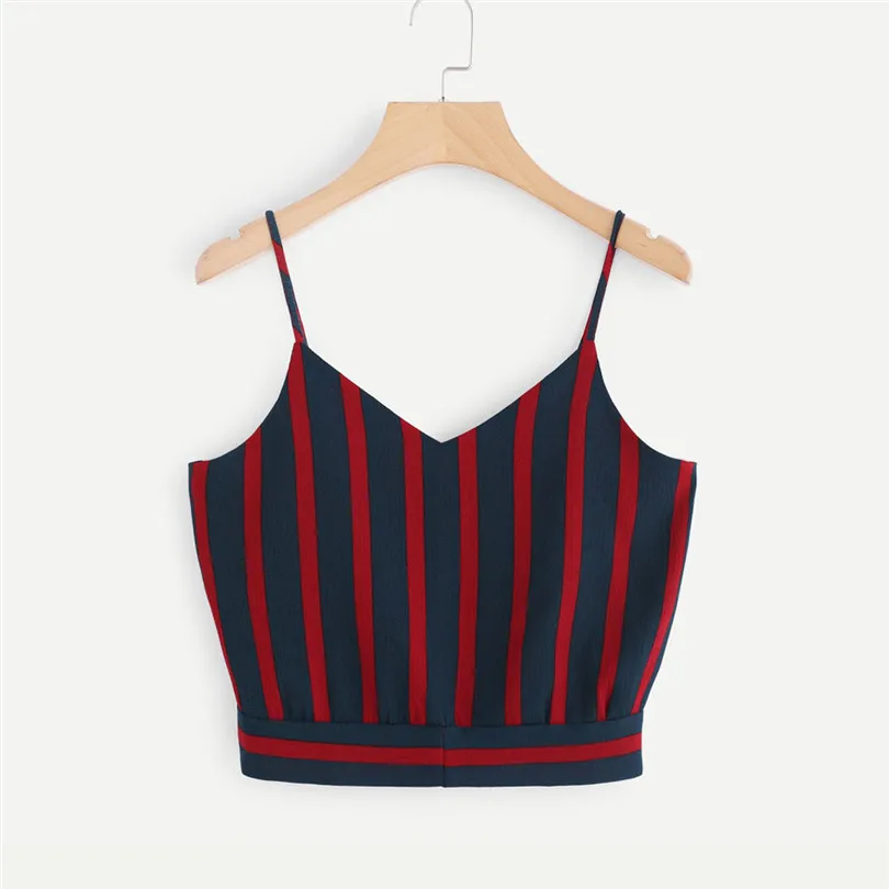 Women's Summer Casual Sexy V Neck Sleeveless stripe Stripe Seft Tie Back Crop Cami Tops Camisole Shirt Vest #4M19 (5)