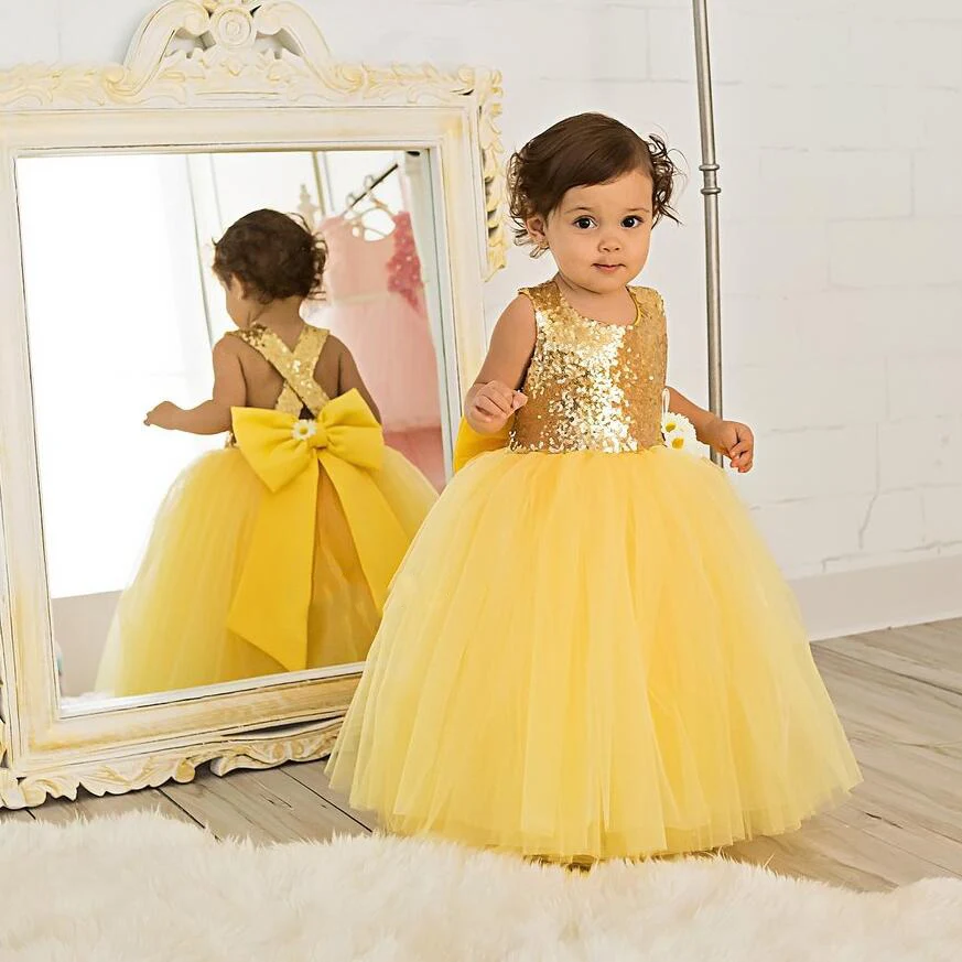 Желтое Тюлевое платье в пол с цветочным узором для девочек бальное платье-пачка с золотыми блестками и открытой спиной для малышей, праздничное платье для дня рождения