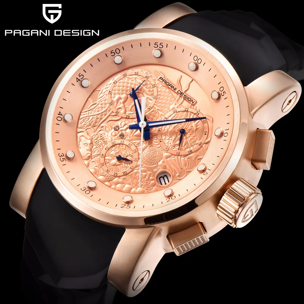 PAGANI дизайнерский бренд мужские часы Роскошные китайский дракон календарь водонепроницаемый силиконовый ремешок модные кварцевые мужские часы Relogio