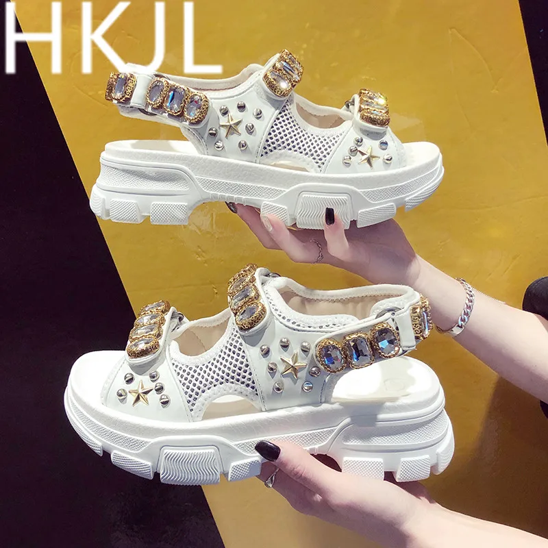 

HKJL Fashion Spring 2019 new water diamond sandals thick bottom increase toe leather sneakers for women A326