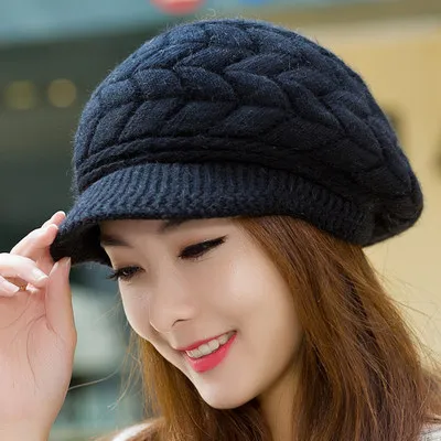 New beanie Elegant women's hat Knitted winter hat for the girl Cap Bow Autumn Ladies Female Fashion Beret Rabbit hair - Цвет: Black