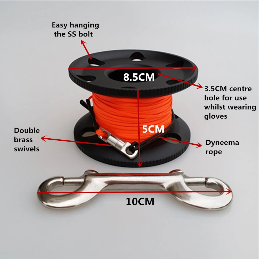 20/30/50M Scuba Diving Aluminium Finger Spool Reel  Line with Stainless Steel Snap Bolt Clip