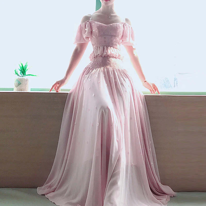 

Designer brand luxury women dress Sexy Off the shoulder Spaghetti strap Maxi Dress Pink Ruffle Long new year dresses for Ladies