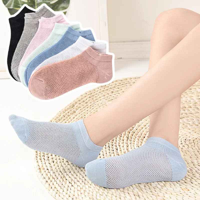 

5Pairs Summer Breathable Women Invisible Socks Candy Color Female Mesh Ankle Socks Casual Short Socks Slippers