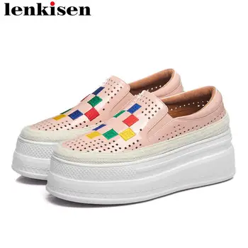 

Lenkisen real cow leather slip on loafers colorful embroidery med bottom flat platform breathable holes vulcanized shoes L11