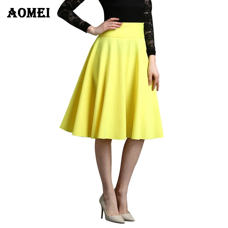 

Ladies 2019 Fashion Knee length skirt Solid Yellow color High waist Pleated Plus Size 5XL 4XL Spring Elegant Skirt Office wear