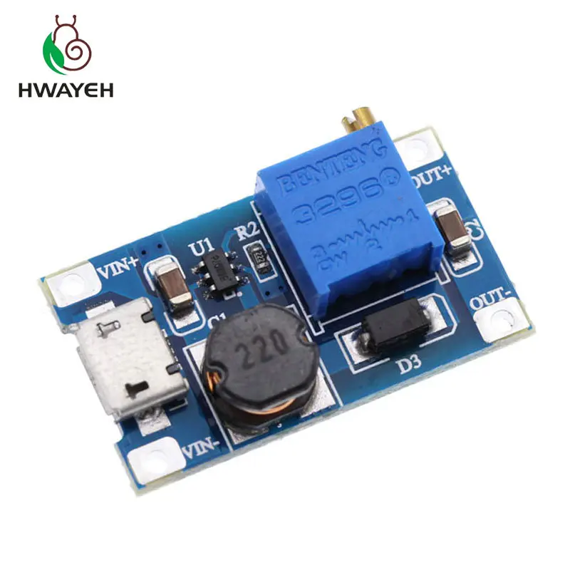 

5pcs/lot MT3608 DC-DC Adjustable Boost Module 2A Boost Step Up Module with MICRO USB 2V - 24V to 5V 9V 12V 28V LM2577