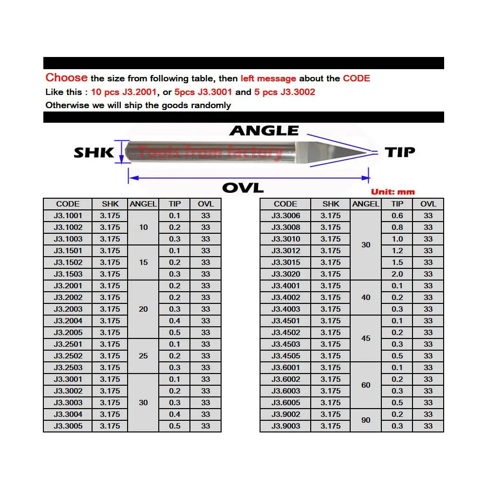 10 шт. 3.175 мм Вольфрам бит V Форма Карбид печатной платы Гравировка Биты ЧПУ Инструмент выбрать размер j3.1001-2010 акриловые Резьба Фрезер