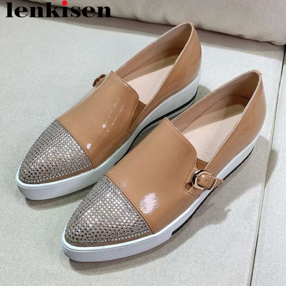 

Lenkisen cow leather crystals decoration slip on loafers pointed toe med bottom plane platform pointed toe vulcanized shoes L20