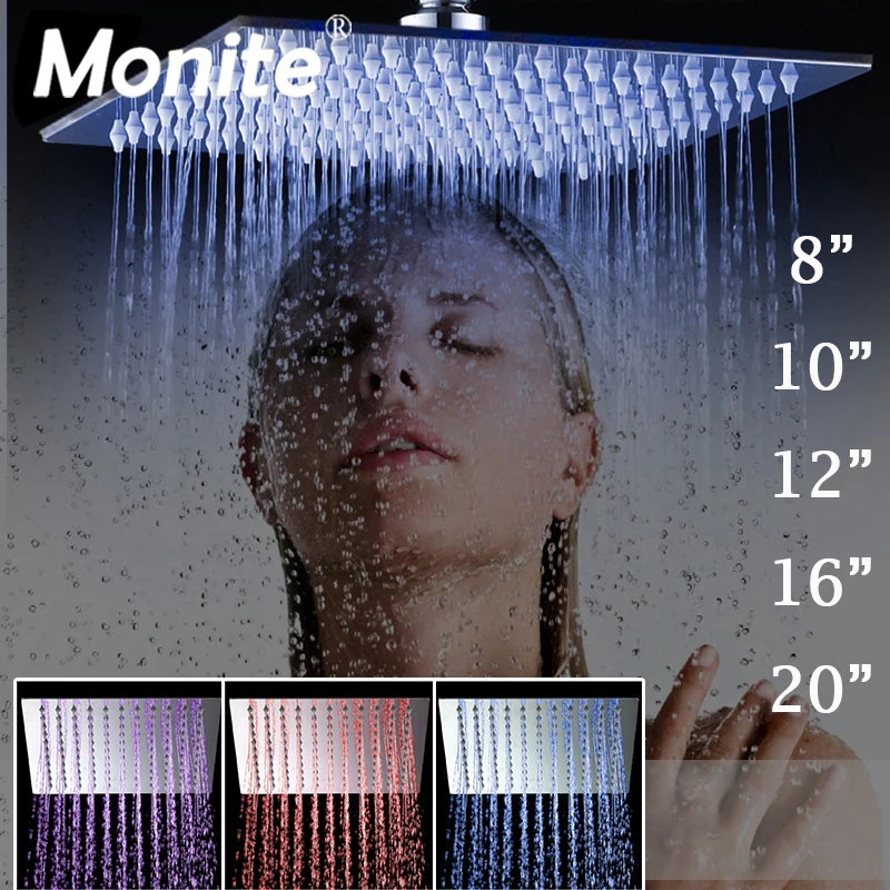 Monite 8 10 12 16 20 24 Inch LED Rain Shower Head B8136 Stainless Steel