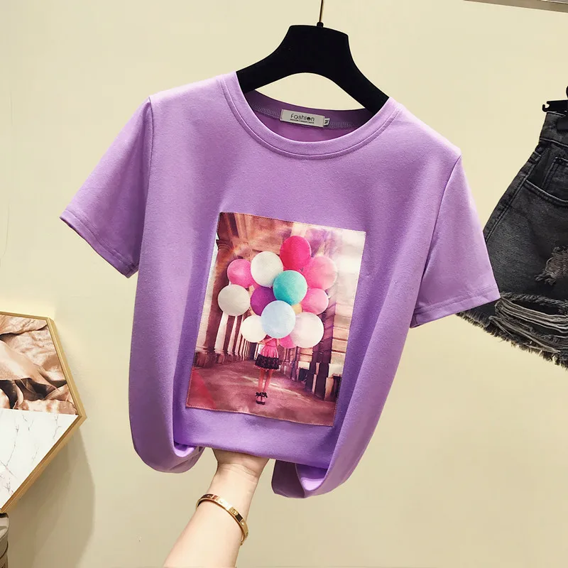 Летняя женская футболка с надписью Han Fan белая свободная футболка с круглым вырезом и принтом женская футболка с короткими рукавами для студентов - Цвет: 203 purple