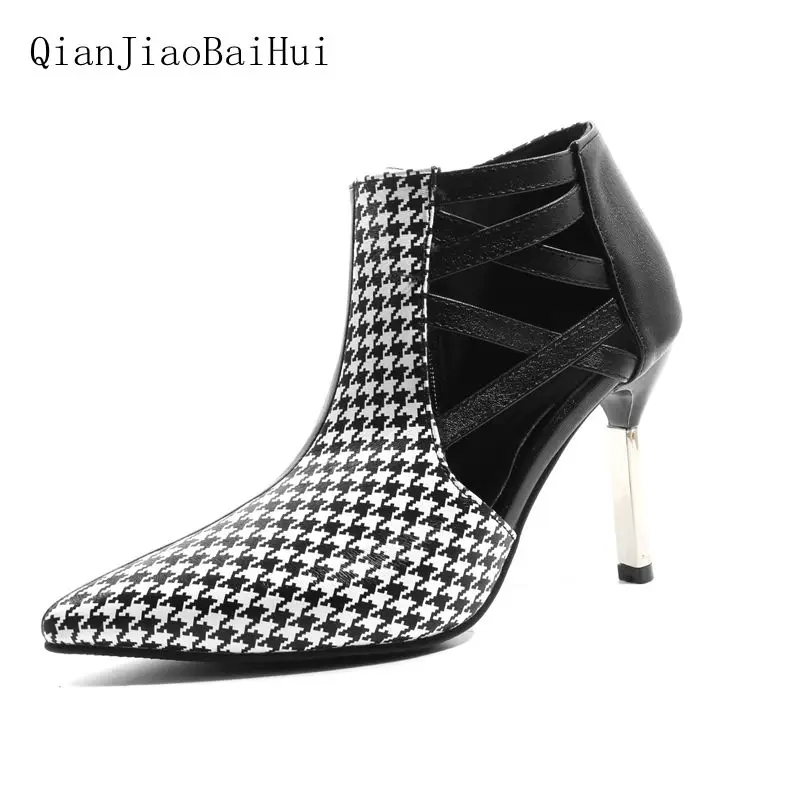 

QianJiaoBaiHui Scotch plaid Leather Boots Sexy Pointed Toed High Heels Chelsea Boots Women Spring Ankle Boots Hollow Shoes Pumps