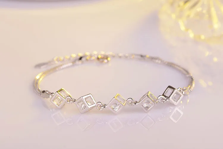 Роскошные модные 925 пробы серебряные звенья цепи браслет для женщин Сияющий кубический циркон Кристалл день рождения и вечерние ювелирные изделия