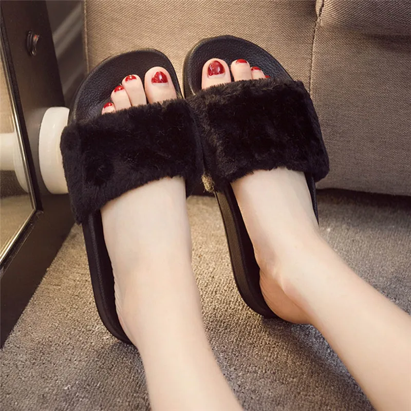 

shoes woman Ladies Slip On Sliders Fluffy Faux Fur Flat slippers women Flip Flop Sandal ladies shoes sapato feminino