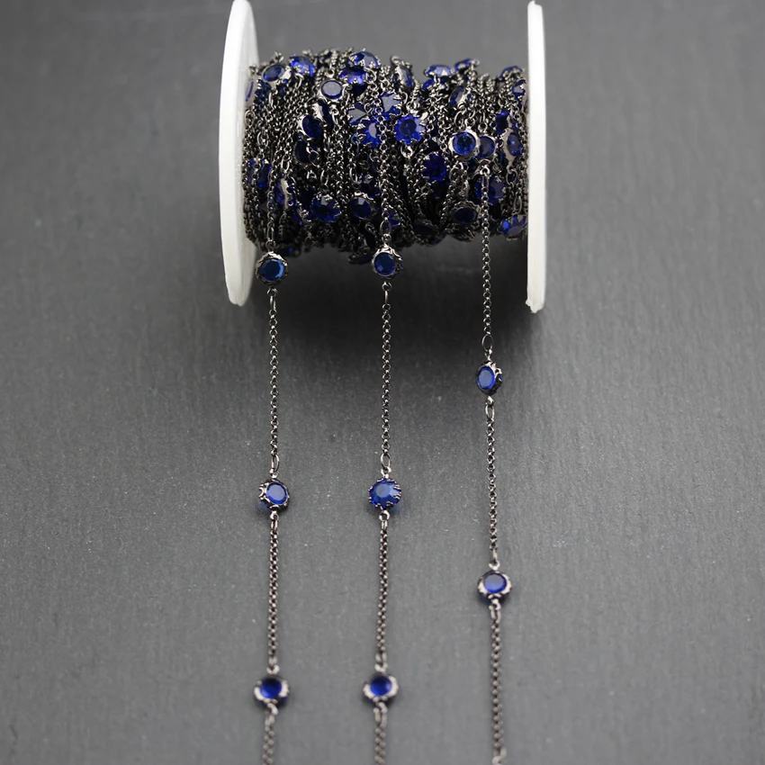 6mm,Dark Blue Glass Loose Beads Black Links Chains,Flat Round Coin