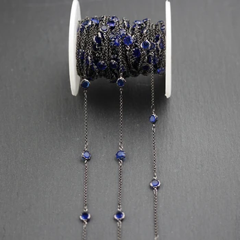 

6mm,Dark Blue Glass Loose Beads Black Links Chains,Flat Round Coin Shape Bracelet Making,Wire Wrapped Gun Black Plated Links