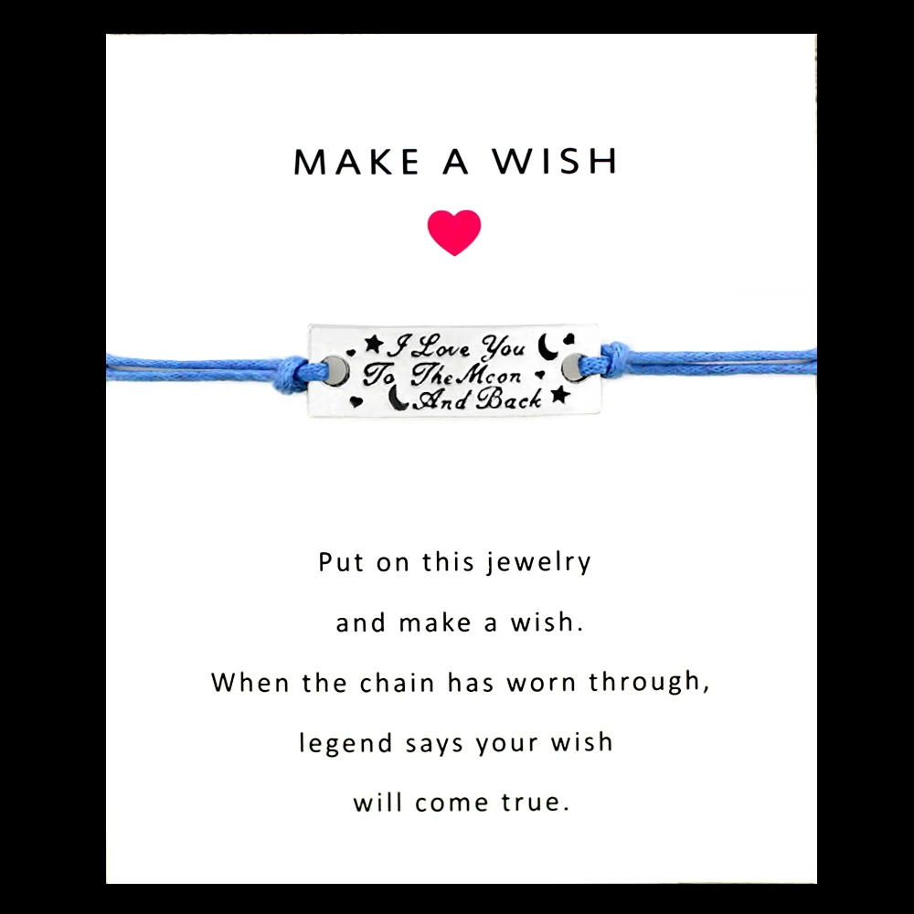 

Star I Love You to the Moon and Back Charm Card Bracelets Blue Yellow Wax Cord Women Men Antique Silver Handmade Jewelry Gift