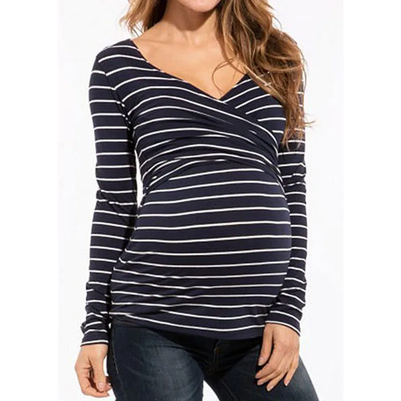 С длинным рукавом Беременность кормящих топ для кормления грудью одежда для беременных Для женщин футболка в полоску рубашки для