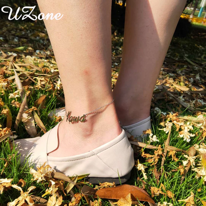 

Uzone Custom Name Anklet Personalized Stainless Steel Nameplate Ankle Bracelet Cheville For Girl Gift
