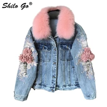 Короткая куртка с цветочным бисером и потертостями; Женская Повседневная укороченная куртка с длинными рукавами и карманами; воротник из лисьего меха; модная верхняя одежда; джинсовое пальто; джинсовые топы