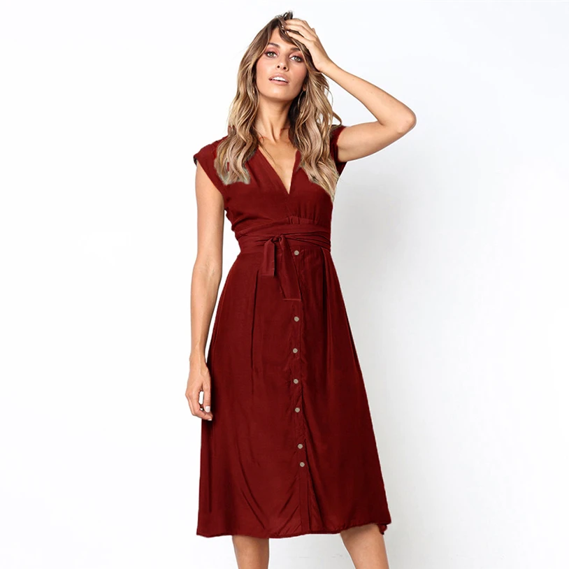

2019 Fashion Women Dress V-neck Buttons Solid Sexy Dresses Summer Dress Casual A-Line Bow Cotton Pure Color Slim Suit Dress N412