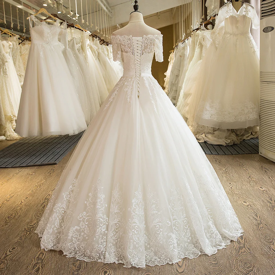 A Line Short Sleeve Tulle Lace Romantic Wedding Dress
