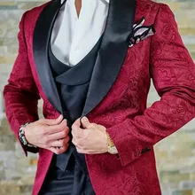 Свадебные костюмы из трех предметов бордового и черного цветов с отложным воротником Одежда для жениха(пиджак+ черный жилет+ черные штаны