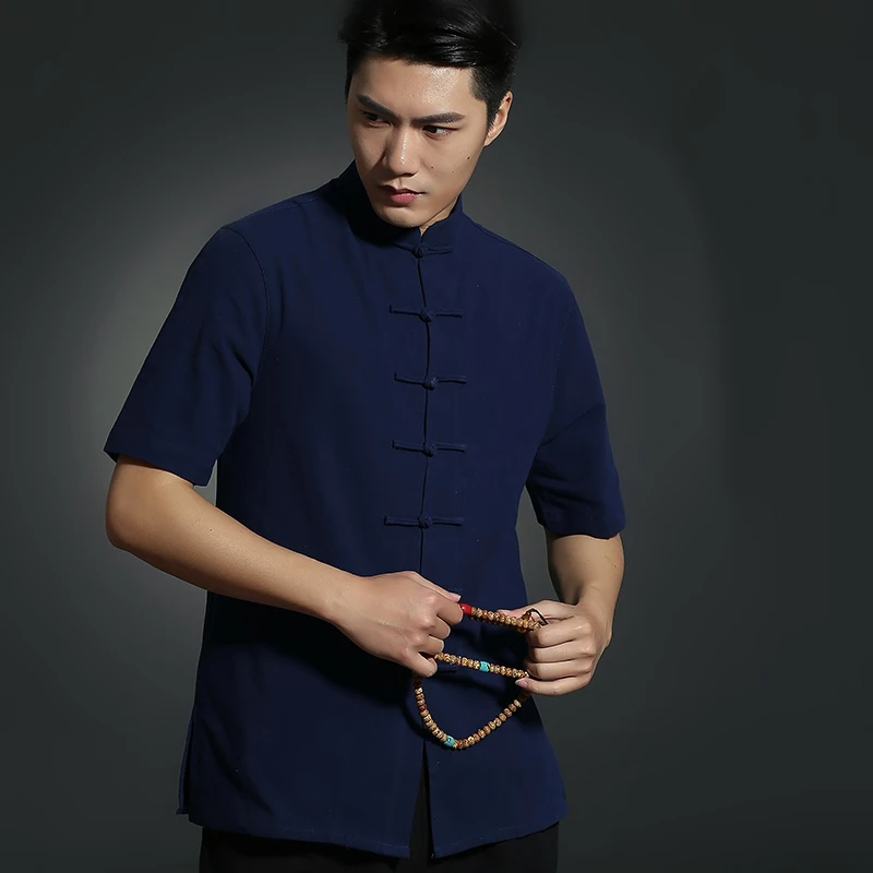Короткий рукав Китайская традиционная льняная рубашка Для мужчин Боевые искусства кунг-фу хлопок льняная рубашка 4 цвета белый черный бежевый синий