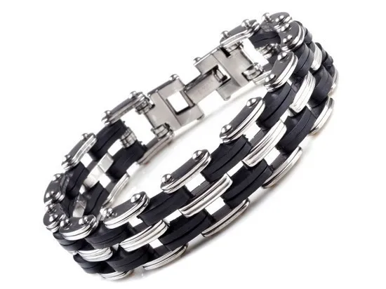 Chain bracelet AOMU Men Stainless Steel Link Chain Bracelets & Bangles Cuff Wristband Biker Motorcycle Black Silicone Bracelet