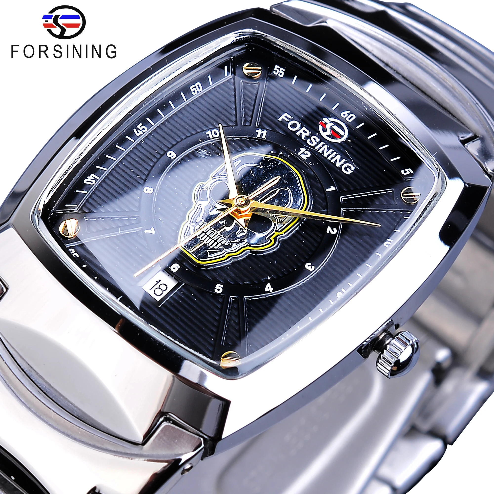 

FORSINING Hot Sale Business Watches 3D Carving Ghost Skull Rectangle Date Stainless Steel Band Quartz Men Waterproof Wrist Watch
