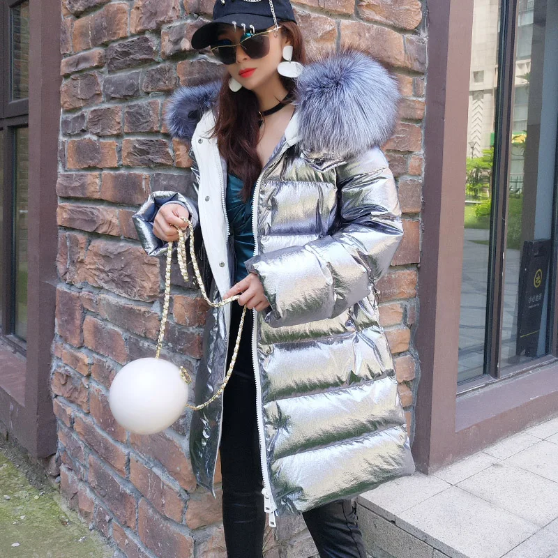 

2018 autumn and winter new raccoon fur big fur collar Bright face down jacket women's Mid-length slim slimming coat