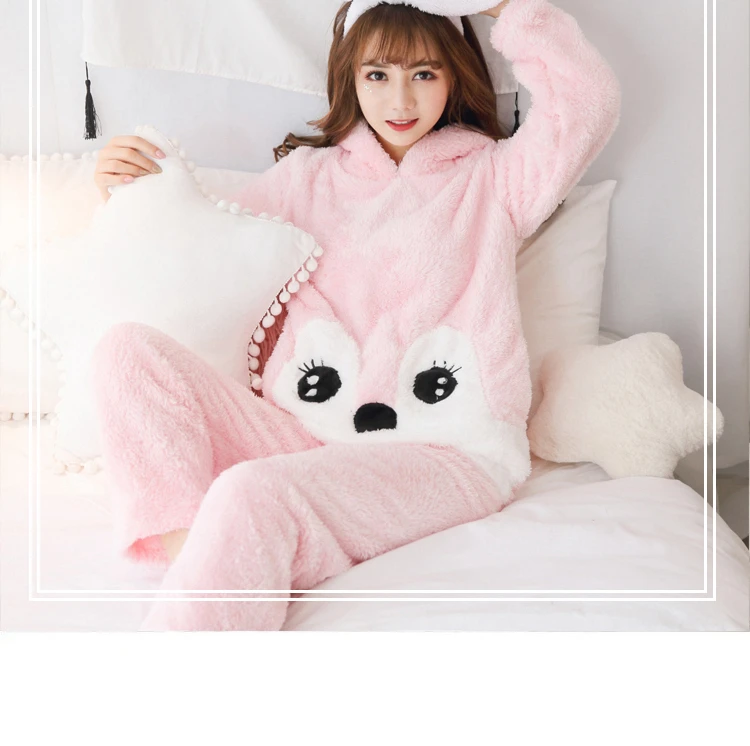 Women Cartoon Pajamas Hooded Clothing Two Piece Suits Night Wear Clothes Female Winter Autumn Pajama Nighty Flannel 2018 JW307