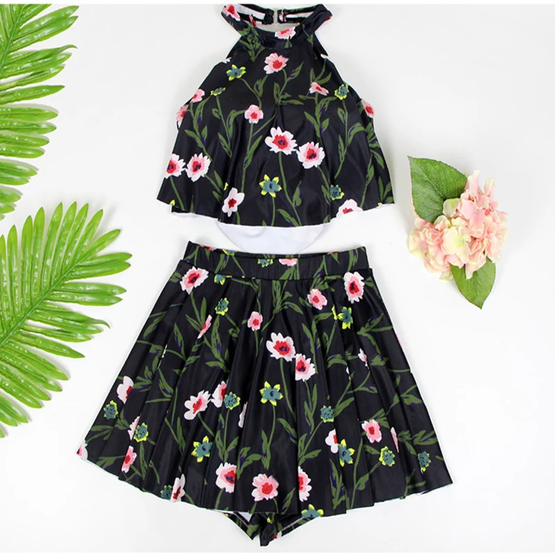 11New Style Two Piece Swimsuit Flower Print Red Sexy Women Swimwear Bathing Costume Vacation Slim Swimming Clothing For Teen Girls