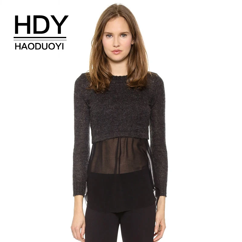 

HDY Haoduoyi New Fashion Solid Black Chiffon Contrast Sweaters Women Casual Pullovers Female Swallowtail Tops Lady