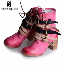 Prova Perfetto Britsh Style Women Short Boots Square Toe Chunky High Heel Ankle Boots Feminino Mixed Color Buckle Fashion Shoes prova perfetto fashion genuine leather zipper side motorcycle boots rivet stud belt buckle round toe thick bottom short boots