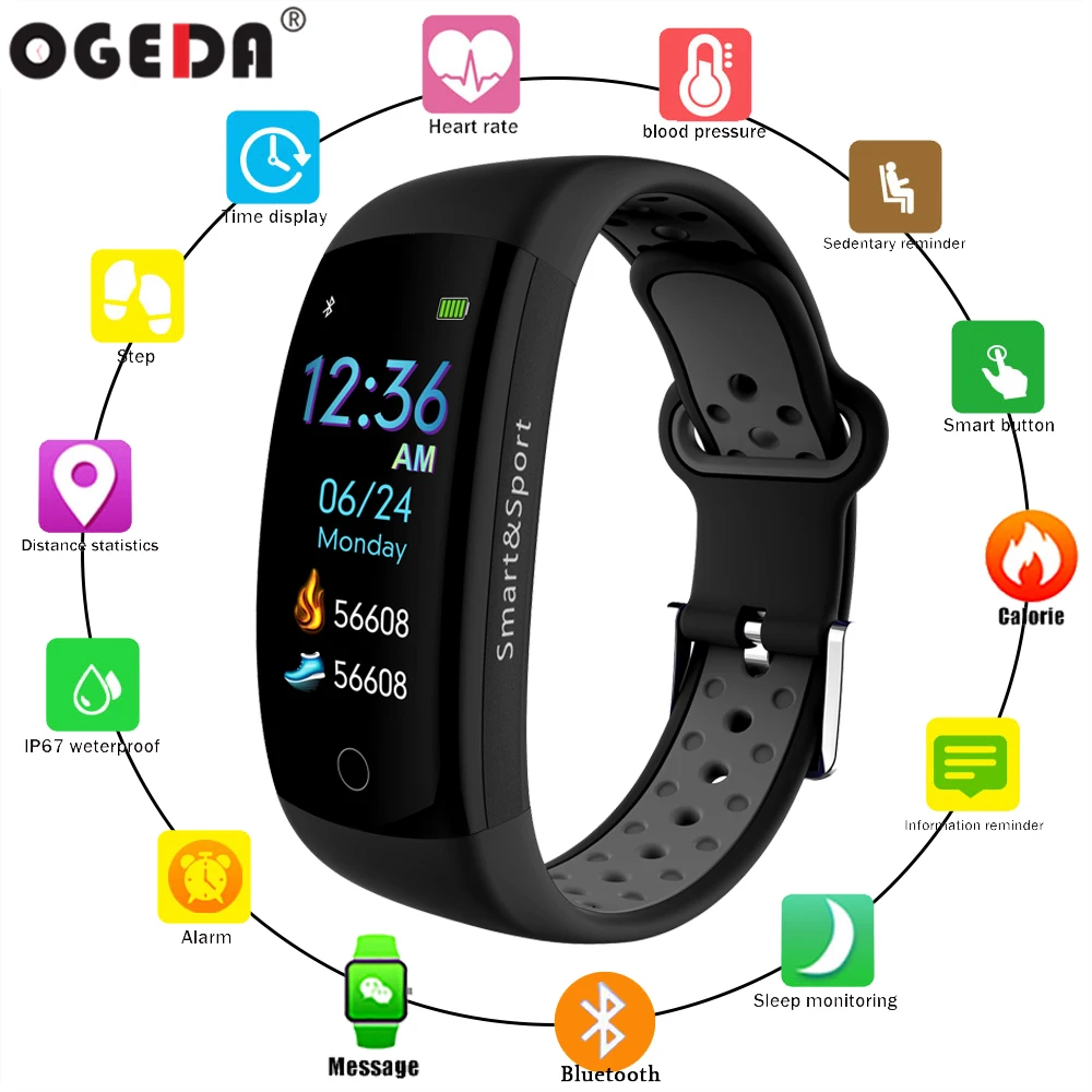 

2019 OGEDA New Q6S 3D Color Screen Men's Watch Sports Fitness Bracelet Calorie Heart Rate Sleep Blood Pressure Real-time Tracker
