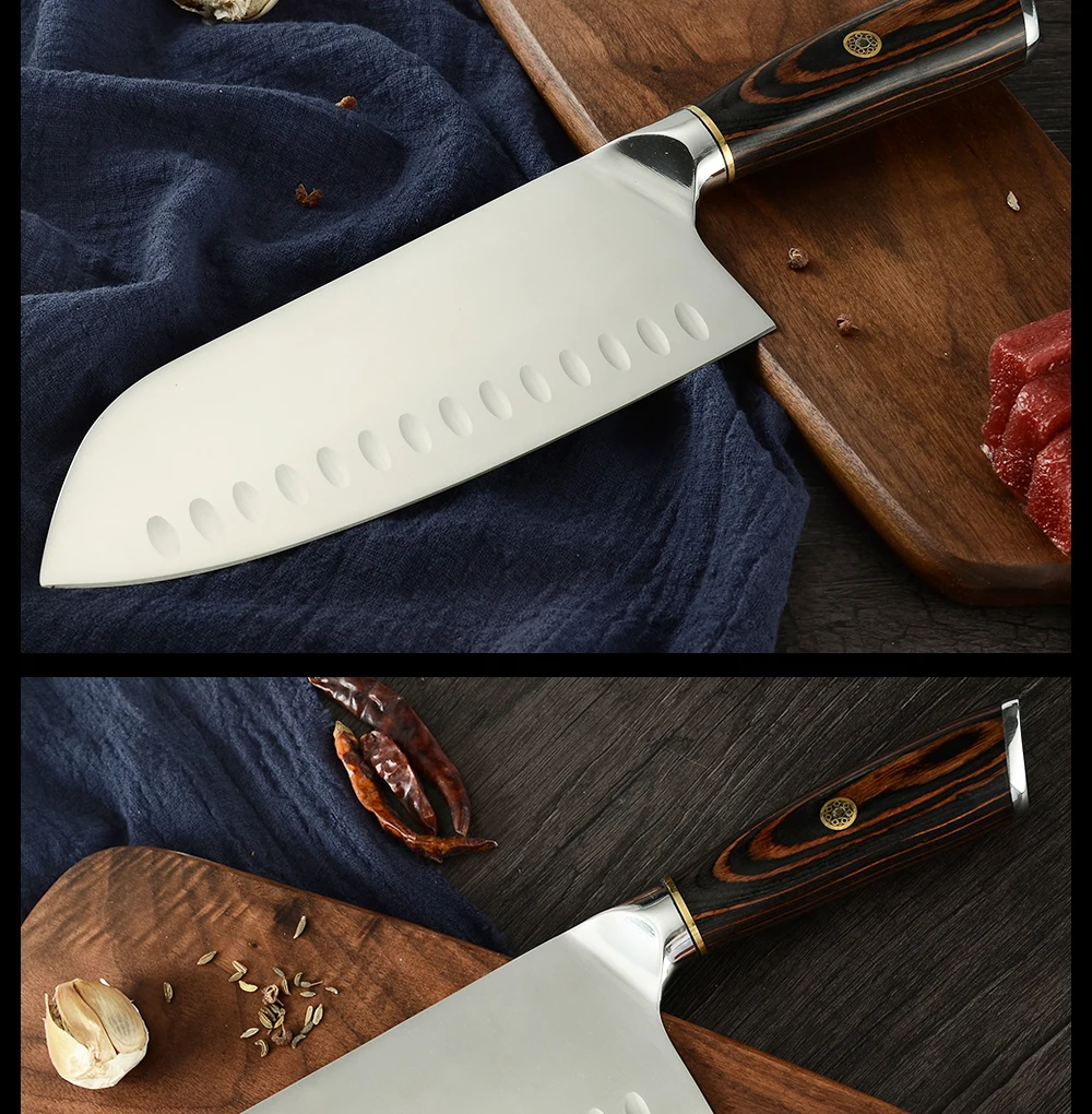 Нож Santoku из нержавеющей стали AINZUO 7,5 дюймов 5Cr15 стальной нож дизайн двойного назначения для разделки и резки кухонного ножа