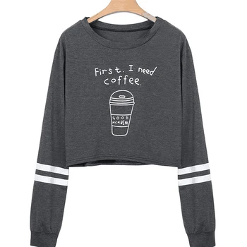 

Women Hoodies COFFEE Pattern Autumn Long Sleeve O Neck Pullovers Female Casual Hoodies Letters Short Sweatshirt Tracksuit